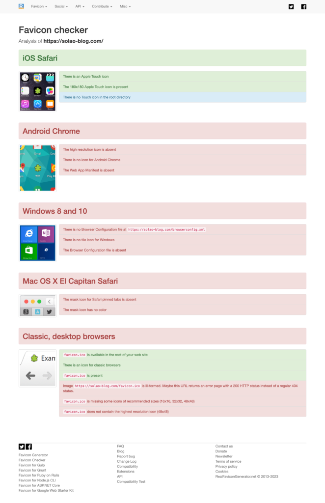 Favicon checkerでの診断結果のスクリーンショット